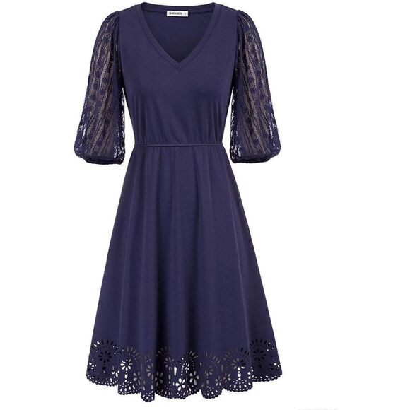 NWT Romantic Elegant Lace Lantern Sleeve A Line Cut Out Swing Skater Navy Dress - Picture 1 of 16